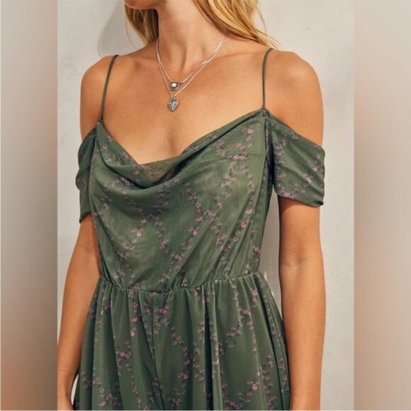 Urban Outfitters | Elle Cowl Neck Mini Romper Green Mesh Sheer Floral New Medium - Picture 3 of 9